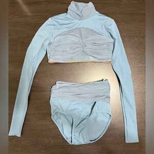 Matte Spandex Mesh Crop Top Two Piece Dance Costume Steel Blue PA (Adult XS)